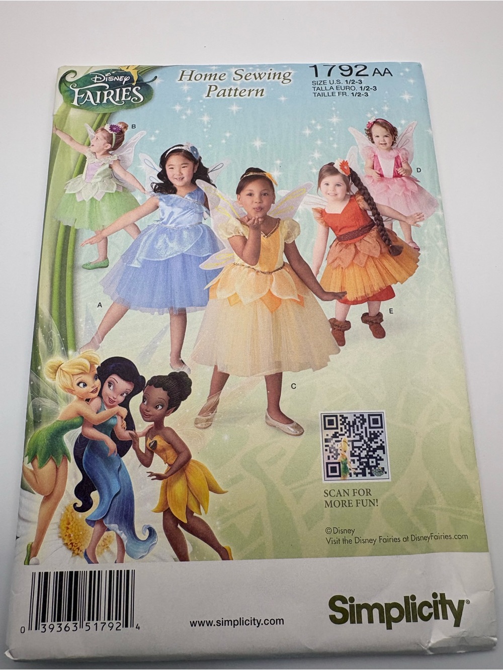 Simplicity Pattern #1792 Home Sewing Pattern Disney Fairies Costume Sz  1/2 - 3